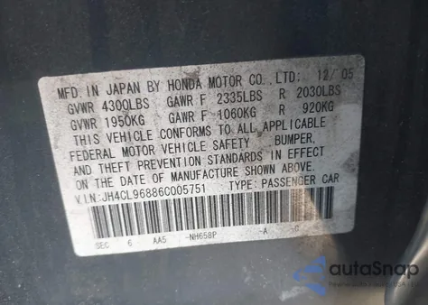 2006 Acura Tsx z USA, uszkodzony, nr VIN JH4CL96886C005751